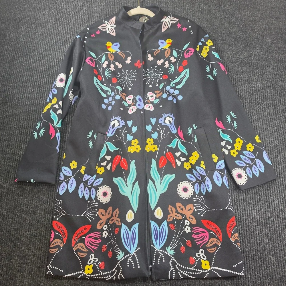 Eva Franco Floral Bird Print Coat Womens Large Black Excellent Lined Back Slit